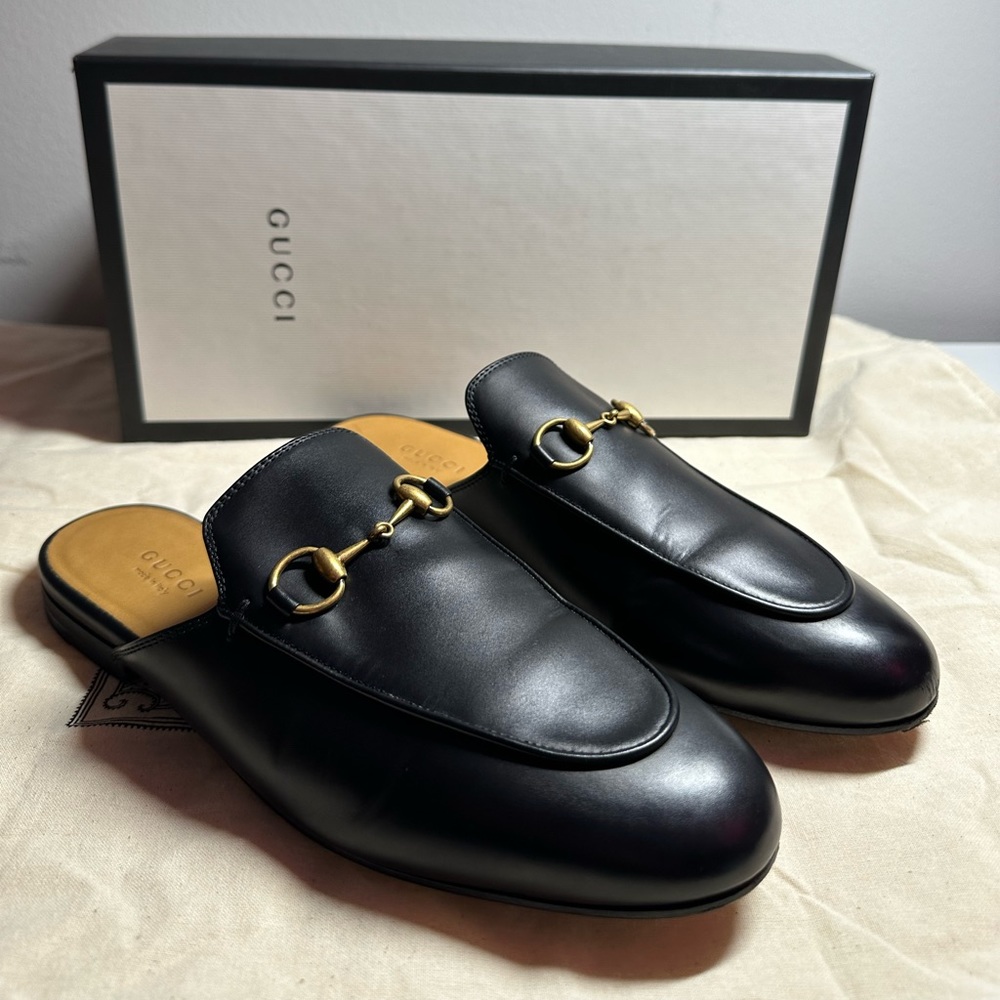 Gucci Shoes Princetown Black Leather Round Toe
Horsebit Detail Flat Loafer Mules